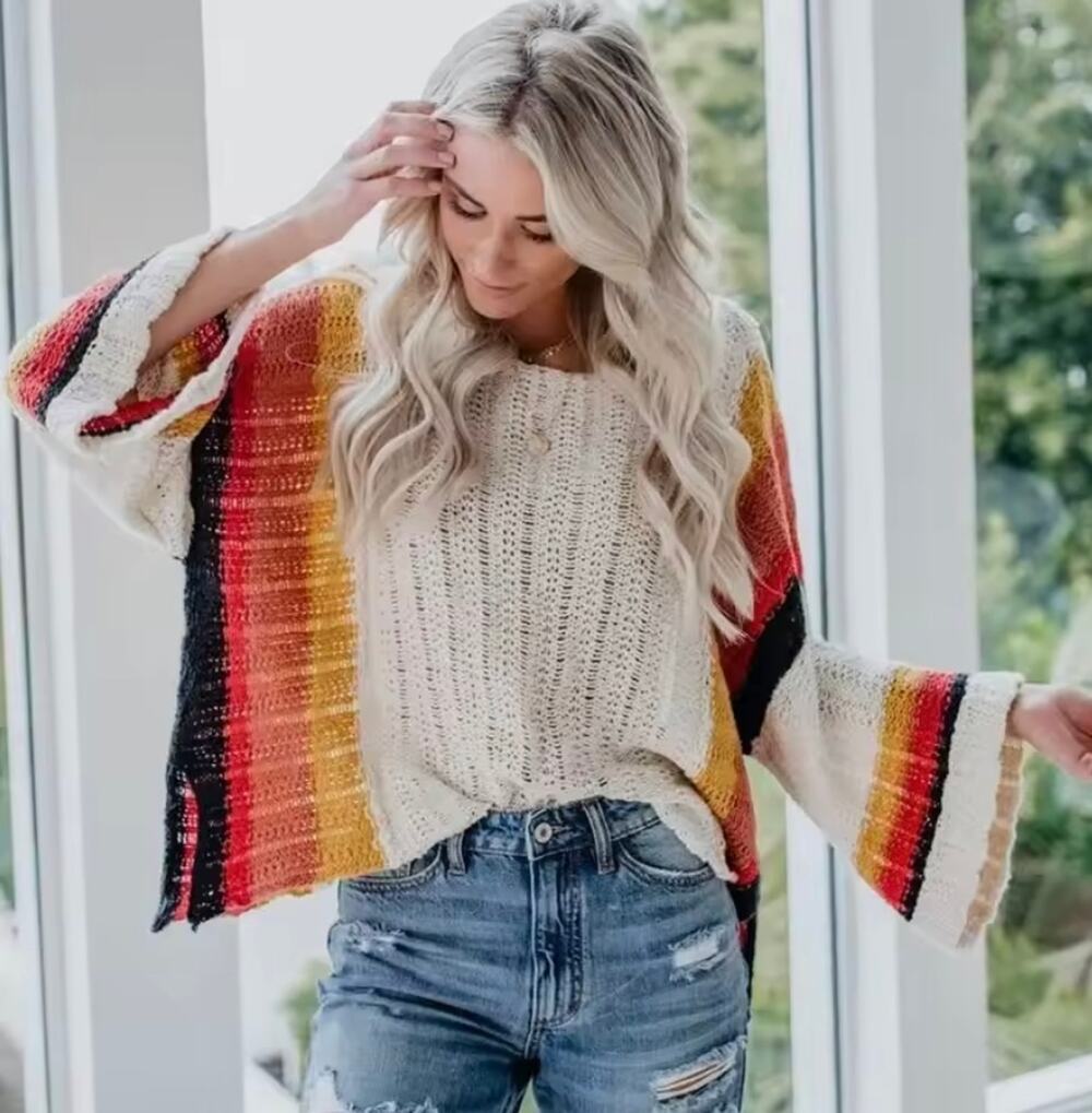 By Together Womens M Cream Striped Bell Sleeve Knit Sweater Boho Chic
